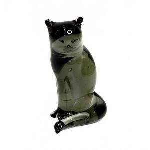 Cristiano Balbi Murano Glass Mini Cat Figurine Smoky Black Handcrafted in Italy